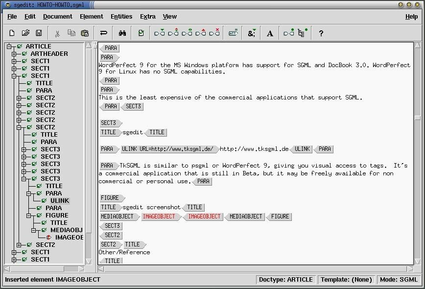 The screen shot of the epcEdit program shows a tree on the left side that has the SGML document in a hierarchy, while the right side shows the document. Tags are shown with a grey background.