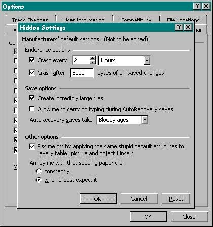 [Default Settings dialog with options to crash every 2 hours, create incredibly large files, and to disable the ability to type during auto saves.]